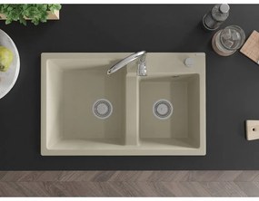 Mexen Tomas, granitový drez 800x500x190 mm, 2-komorový a chrómová batéria Telma, béžová, 6516-69-670200-00