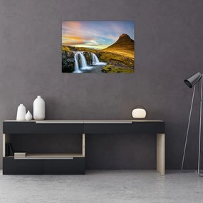 Sklenený obraz hory a vodopádov na Islande (70x50 cm)