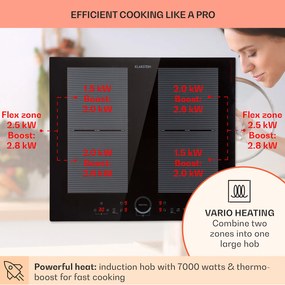 Klarstein Delicatessa 60, vstavaná indukčná varná doska, 7000 W, 4 zóny, sklokeramika, časovač