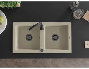 Mexen Mario, 2-komorový granitový drez 820x436x161 mm a čierna drezová batéria Telma, béžová, 6504-69-670200-70