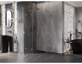 Mexen Lunar, päťuholníkový sprchový kút s ľavým sklonom 90 x 90 cm, 8mm číre sklo, profil medená matná, 831-090L-090P-65-00-L