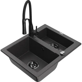 Mexen Carlos, 1,5-komorový granitový drez 582x475x177 mm a drezová batéria Aster, čierna škvrnitá, 6518-76-73450-70-B