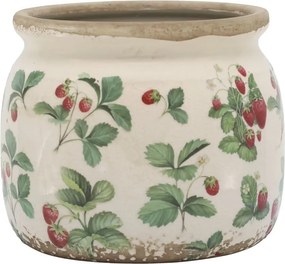 Krémový antik keramický obal na kvetináč s jahôdkami Fraises - Ø 15*13 cm