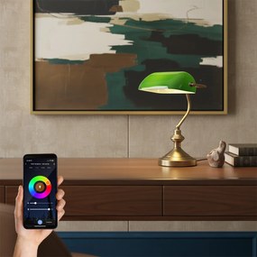 Inteligentná klasická stolná lampa bronzová so zeleným sklom vrátane Wifi A60 - Banker