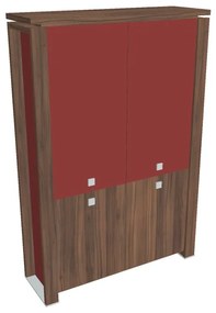 Vysoká skriňa Verno+ S 140 x 46 x 210 cm, kombinované dvere, orech / červená