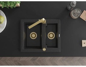 Mexen Carlos, 1,5-komorový granitový drez s odkvapkávačom 582x475x177 mm a zlatá kuchynská batéria Rita, čierna - strieborná metalíza, 6518-73-670300-50