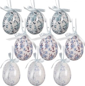 9ks dekorácia bielo-modré závesné vajíčko s kvetmi Spring Egg - Ø 5*8 cm