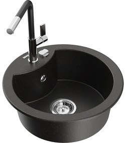 Mexen Diego, 1-komorový granitový drez 488x488x167 mm a drezová batéria Flora, čierna-zlatá metalíza, 6512-75-670401-07