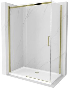 Mexen Omega, sprchovací kút s posuvnými dverami 140 (dvere) x 80 (stena) cm, 8mm číre sklo, zlatý profil + slim sprchová vanička 5cm, 825-140-080-50-00-4010