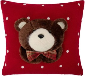 Červený pletený bodkovaný vankúš s medvedíkom Bear – 40*40*7 cm