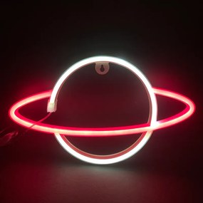 ACA Lighting Neónová lampička - Saturn, 3x AA batérie / USB kábel, IP20, červená + biela farba