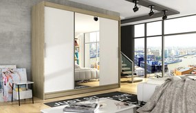 Priestraná šatníková skriňa so zrkadlom Asta - šírka 250 cm, sonoma/bíiela