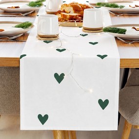 Goldea behúň na stôl 100% bavlnené plátno - tmavo zelené srdiečka na bielej 35x140 cm