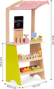 Detský drevený stánok ECOTOYS pre deti 3+ s pokladňou, terminálom, váhou, 20 dielov