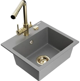 Mexen Milo, granitový drez 435x410x171 mm, 1-komorový a zlatá batéria Duero, šedá, 6505-71-671600-50