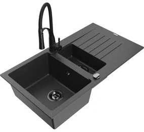 Mexen Matias, granitový drez 900x505x200 mm, 1,5-komorový a drezová batéria Aster, čierna škvrnitá, 6502-76-73450-70-B