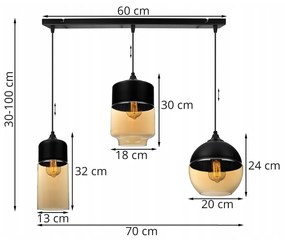 Závesné svietidlo OSLO 4, 3x čierne/medové sklenené tienidlo