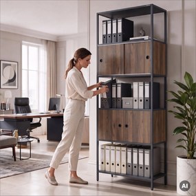 Regál na šanóny s uzamykateľnou skrinkou, kancelársky, otvorené police, kovový antracitový/orech, 800x2200x400 mm: ARIEL Eco Design