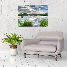 Sklenený obraz jazera s tŕstím (70x50 cm)
