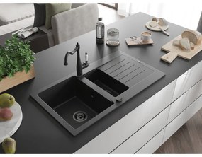 Mexen Matias, granitový drez 900x505x200 mm, 1,5-komorový a drezová batéria Carla, čierna-strieborná metalíza, 6502-73-670700-70-B