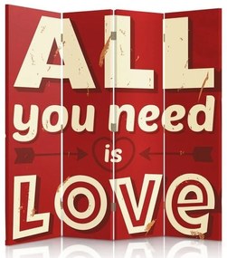 Ozdobný paraván Láska Retro Červená - 145x170 cm, štvordielny, klasický paraván