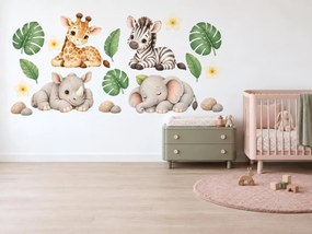 Odpočívajúce safari mláďatká pohodové akvarelové nálepky so safari mláďatkami do detskej izby na stenu arch 46 x 30 cm