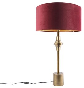 Art Deco stolná lampa bronzová s tienidlom z červeného zamatu 50 cm - Diverso
