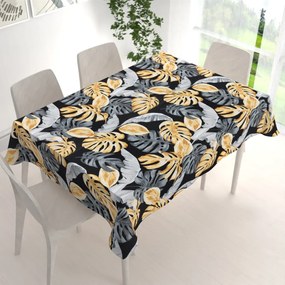 Biante Bavlnený obdĺžnikový obrus Sandra SA-228 Sivé a zlaté tropické listy na čiernom 140x180 cm
