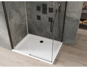 Mexen Omega, sprchovací kút s posuvnými dverami 100 (dvere) x 70 (stena) cm, 8mm číre sklo, čierny profil + slim sprchová vanička biela s čiernym sifónom, 825-100-070-70-00-4010B