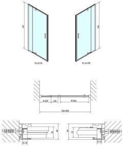 Polysan Polysan, EASY LINE otočné sprchové dvere 760-900mm, číre sklo, EL1615