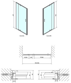 Polysan, EASY LINE otočné sprchové dvere 760-900mm, číre sklo, EL1615