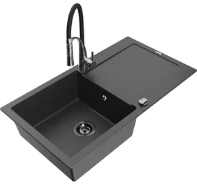 Mexen Leo, granitový drez 900x500x190 mm, 1-komorový a drezová batéria Aster, čierna škvrnitá, 6501-76-73450-07-B
