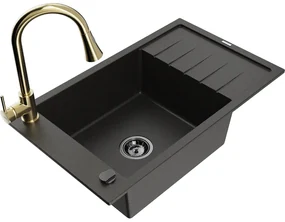 Mexen Elias, 1-komorový granitový drez 795x480x200 mm a drezová batéria Elia, čierna-zlatá metalíza, 6511-75-670101-50-B