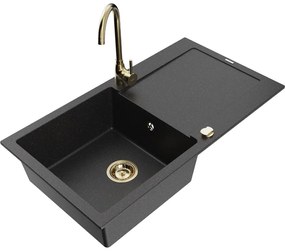 Mexen Leo, drez granitový 900x500x190 mm, 1-komorový a zlatá batéria Telma, čierna-strieborná metalíza, 6501-73-670200-50