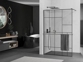 Mexen Kioto+, sprchová zástena Walk-In s poličkou a vešiakom 100 x 200 cm, 8mm číre sklo čierny vzor, grafitový profil, 800-100-121-95-78