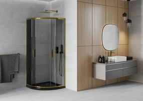 Mexen Rio, štvrťkruhový sprchovací kút s posuvnými dverami 90(dvere) x 90(dvere) x 190 cm, 6mm šedé sklo, zlatý profil + čierna sprchová vanička SLIM, 863-090-090-50-40-4170G