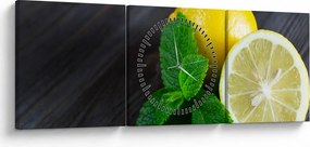 Obraz citrónov a mäty na stole (s hodinami) (90x30 cm)