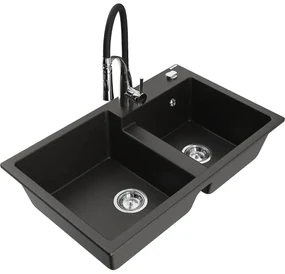 Mexen Tomas, 2-komorový granitový drez 800x500x190 mm a drezová batéria Aster, čierna-zlatá metalíza, 6516-75-73450-07