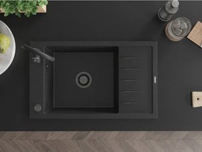 Mexen Elias, granitový drez granitový 795x480x200 mm, 1-komorový, čierna-strieborná metalíza s čiernym sifónom, 6511791005-73-B