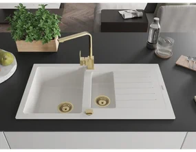 Mexen Matias, granitový drez 900x505x200 mm, 1,5-komorový a zlatá batéria Rita, biela, 6502-20-670300-50