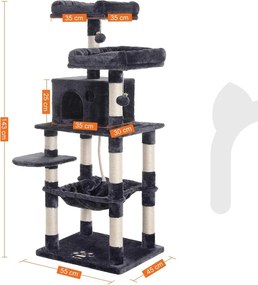 Škrabadlo pre mačky, mačací strom, 2 plyšové lôžka, 143 cm, dymovo šedý
