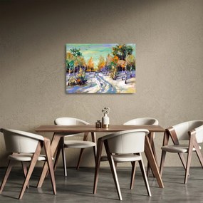 Sklenený obraz - Zasnežená cesta lesom, olejomaľba (70x50 cm)