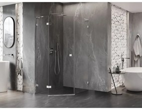 Mexen Lunar, L päťuholníkový sprchový kút naklápací doľava 80 x 90 cm, 8mm číre sklo, chrómový profil, 831L-080L-090P-01-00-L