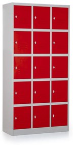 Kovová šatníková skrinka - 15 boxov, 90 x 40 x 185 cm, otočný zámok, červená - ral 3000
