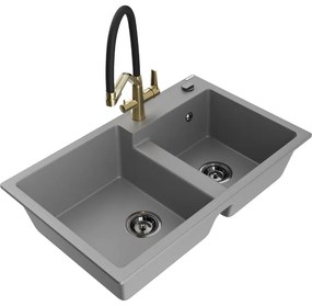 Mexen Tomas, 2-komorový granitový drez 800x500x190 mm a kuchynská batéria Duo, šedá, 6516-71-671701-57-B