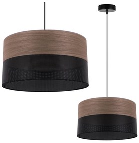 Light Home Závesné svietidlo Wood, 1x hnedá orechová dýha/čierne PVCové tienidlo, (fi 35cm)