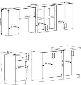 Kuchynská linka Lima 240 cm presklená biela/dub sonoma