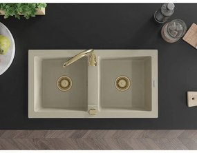 Mexen Mario, 2-komorový granitový drez 820x436x161 mm a zlatá lesklá drezová batéria Telma, béžová, 6504-69-670200-50