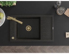 Mexen Elias, 1-komorový granitový drez s odkvapkávačom 795x480x200 mm a zlatá batéria Duero, čierna - zlatá metalíza, 6511-75-671600-50