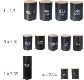Orion Sada 12ks plechových dóz na potraviny, čierne, slovenské názvy, s bambusovým vekom SADA SK